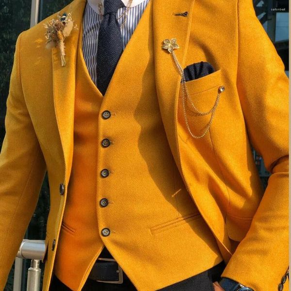 Herrenanzüge Vintage Yellow Herren Anzug Hochzeit für Männer 2024 Bräutigam Business Formales Abendessen Schlanke Fit Custom Coat Weste Pant