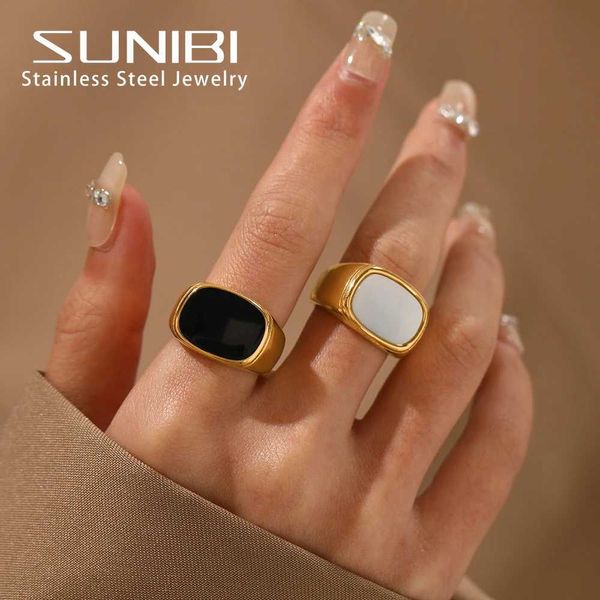 Bandringe Sunibi Square Retro Shell Womens Ring Edelstahl Weiß Gold großer Kopf Ring Party Schmuckzubehör Dinner Geschenk Q240427