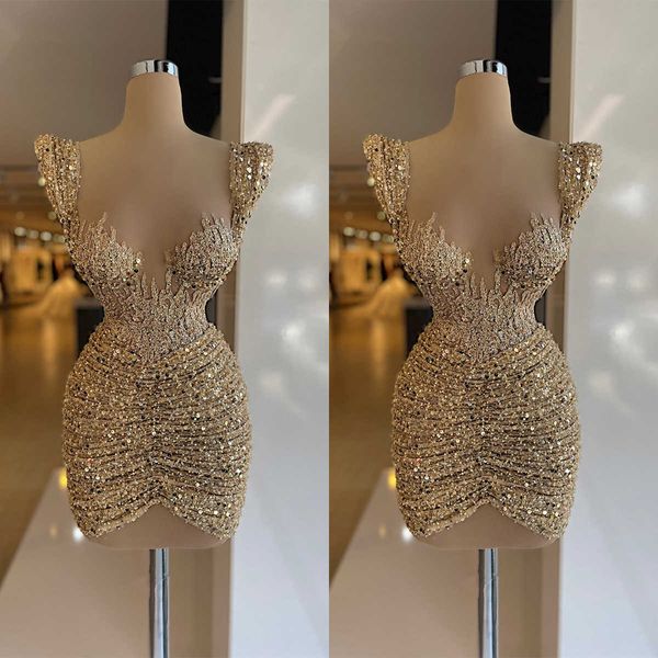 Sexy Cocktail Prom Kleider Perlen Pailletten Mini kurze Abendkleider Perlen illusion ärmellose maßgeschneiderte Abschluss Ball Club Party Kleid