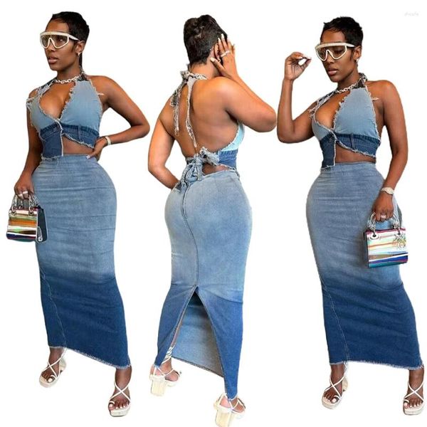 Arbeitskleider Großhandel Kleidung Frauen Zwei -Ton -Säure -Wasch -Mode sexy Jeans Rückenless Crop Top und Maxi -Rock -Set Frauen Stück -Outfit -Sets