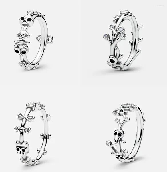 Ringos de cluster S925 Sterling Silver Rim Light Pandorra Ring com crânio e design de folhas