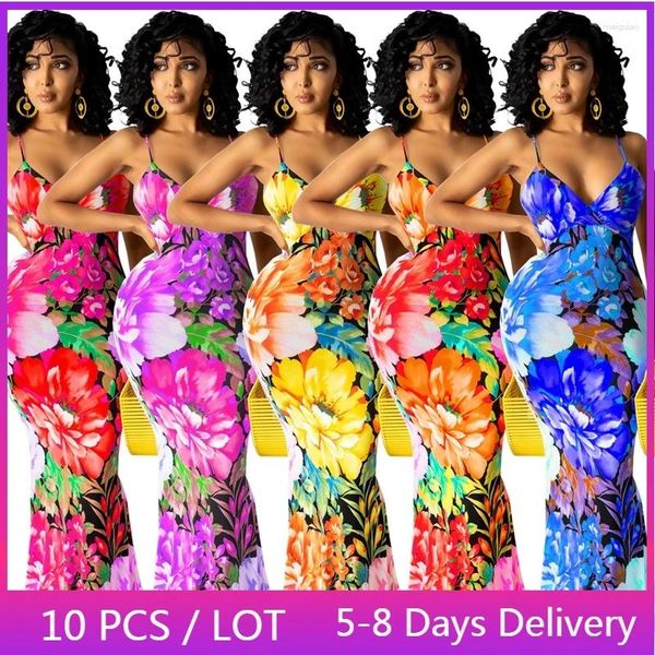 Vestidos casuais itens de atacado impressão floral sexy maxi vestido feminino roupas de verão sem costas Bodycon cota de praia alta festa longa