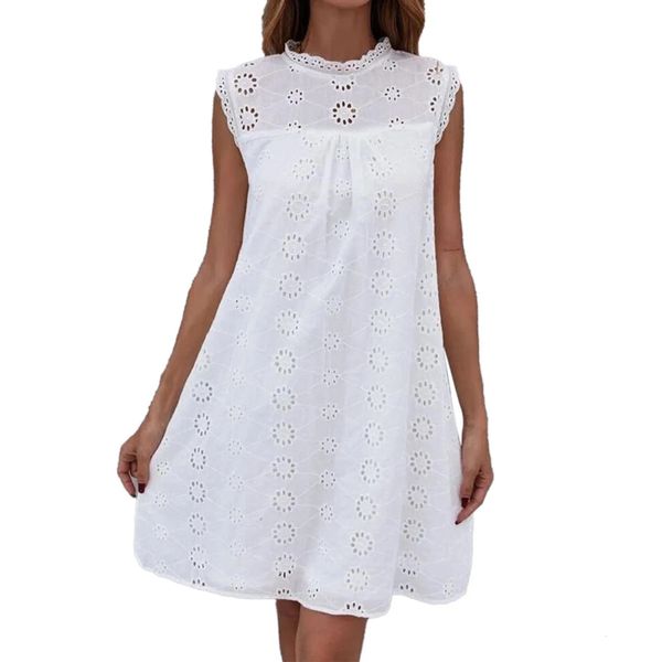 Summer Hollow Ramoidery Dress Fashion Ladies White Round Neck Sleeveless Sleeveless for Women Elegant Vestidos 240424
