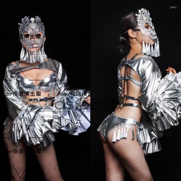 Tecnologia de desgaste do palco Espaço máscara de prata máscara de biquíni DJ Singer feminino Costume de performance Sexy Nightclub Bar Halloween Roupas Dwy4201