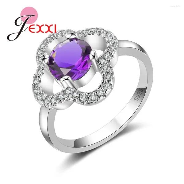 Cluster -Ringe Bague Blume -Form Hochzeit Glück 925 Sterling Silber Sivler Purple Kubikzirkonina für Frauen Engagement Bijoux