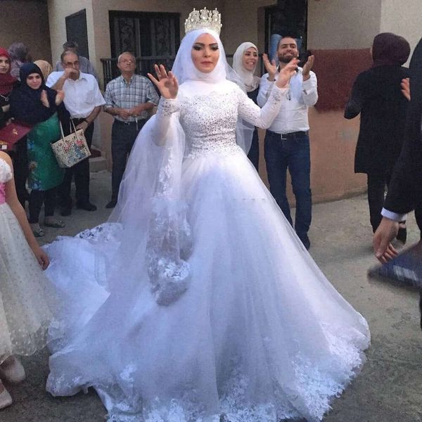 Alto modesto modesto vestido muçulmano 2020 de pescoço de mangas cheias, vestido de tule de tule de tule personalizado, vestido de noiva árabe