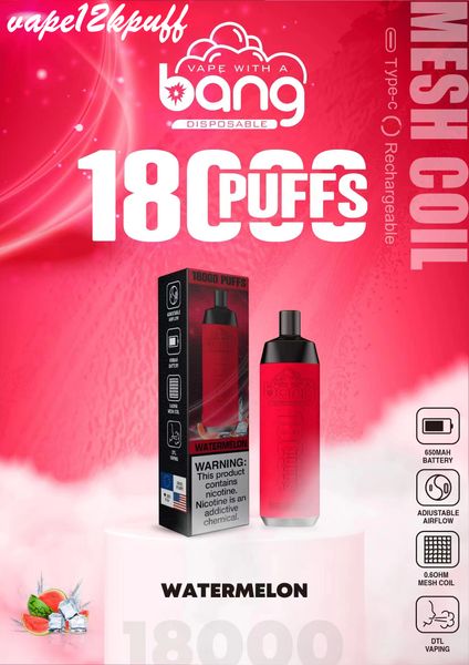 Вейп оригинальный новый продукт Bang Endayable 18000Puffs Vaper E-сигаретный распылитель, 18-километровый сетчатый катушка испаритель 24 мл. Содержание соли C-типа 0% 2% 5% 5%