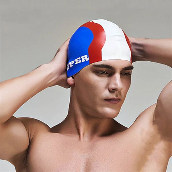 Donne uomini a strisce silicone berretto da nuoto per adulti impermeabile piscina estate berretto elastico Orecchie di protezione lunghe Cappello da immersione colorato 240426