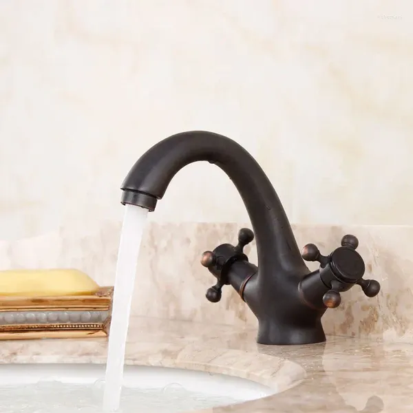 Rubinetti del lavandino da bagno in rame americano bronzo nero rubinetto retrò disegno a doppio controllo ottone