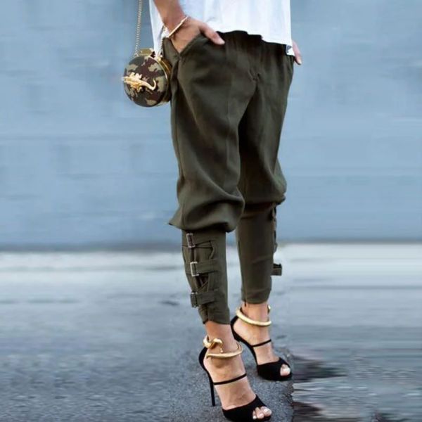 Capris Fashion Women Metal Buttons Harlem брюки твердые черные армия зеленые свободные эластичные карманные брюки.