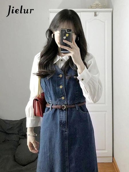 Vestidos casuais vestido de jeans vintage francês de duas peças de duas peças, mulheres básicas de moda de moda chicemente v