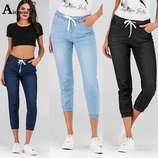 Jeans femminile plus size s-5xl donne estive pantaloni in denim signore pantaloni lunghi lungometraggi fidanzato elastico donna lace-up femmina