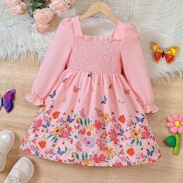 Girl Dresses Kids Kids Flowers a maniche lunghe vestita vestito quadrato colletto a farfalla Smocked Party Spring for Girls Children costumi 0-4y