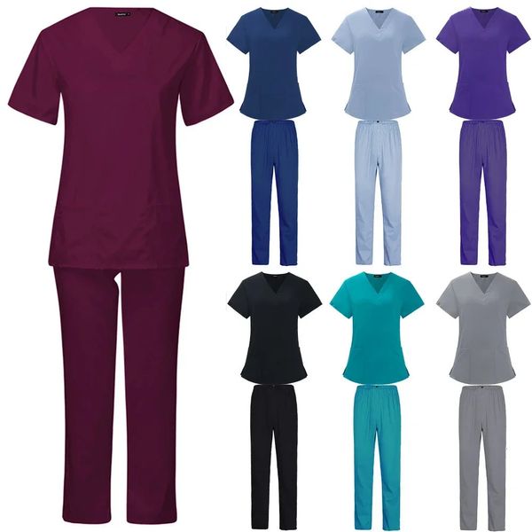 Summer UnisEx Scrubs definido para homem Women Beauty Salon Enfermeira Laboratório Spa Uniformes Vneck Pet Husping Work Wear 240418