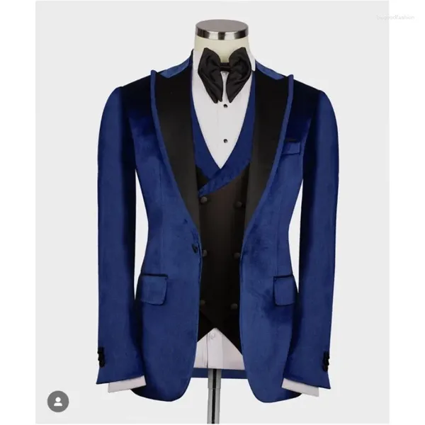 Erkekler Suits Business Mens Blue Velvet 3 Parçası Siyah Tepe Kuru Gelinlik Damat Balo Balo PROMEDO TERMED BLAZER CAHET PANT YELECE