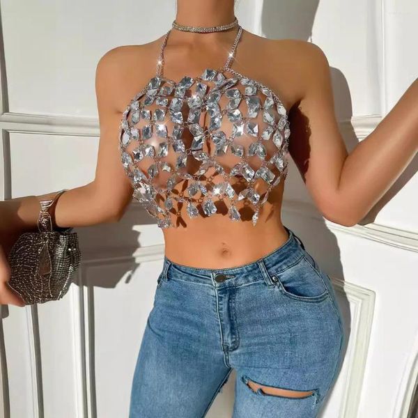 Tank da donna Sexy Hollow Out Rhinestone Corset Crop Top Women Summer Y2K Diamond Chain Beach Club Halter Tank