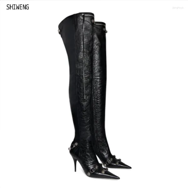 Botas de couro feminino sobre o joelho pontual dos saltos altos acessórios de rebite metal designer de moda de luxo 43