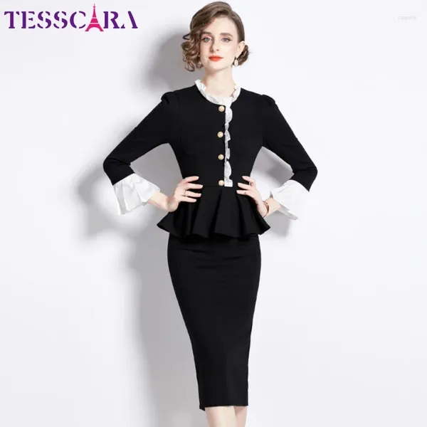 Lässige Kleider Tesscara Frauen Herbst Winter Winter elegantes Bleistiftkleid hochwertige lange Büro Dame Cocktail Party Vintage Designer Schwarz