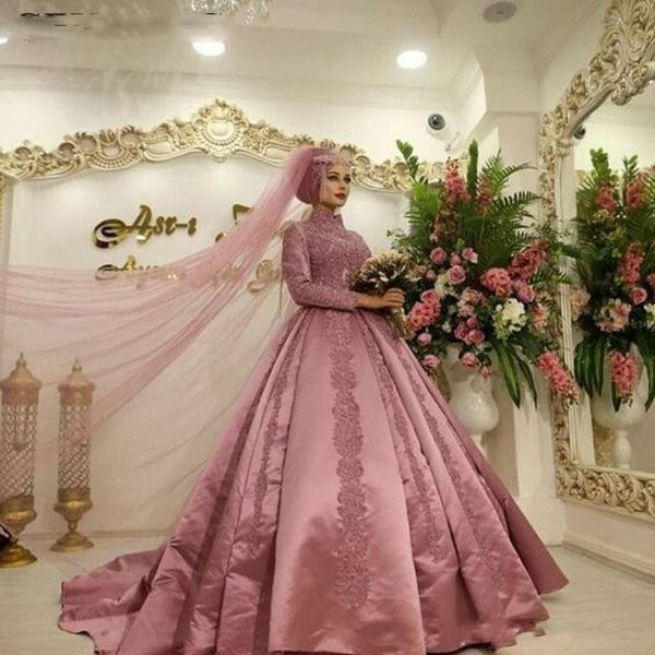 Плужие пыли розовые исламские мусульманские арабские кружевные платья свадебные платья с длинными рукавами высокий шар платье с мяч