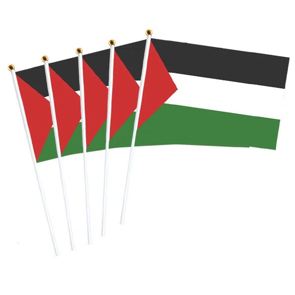 Pequena bandeira da Palestina 14x21cm Mão portátil Weving Palestinian Banner Poliéster Fade-Resistance Flagpole de plástico para eventos 240426