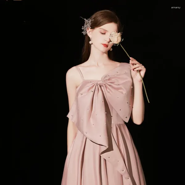 Платья для вечеринок розовый атлас с плеча вечерние платья Женщины Большой лук