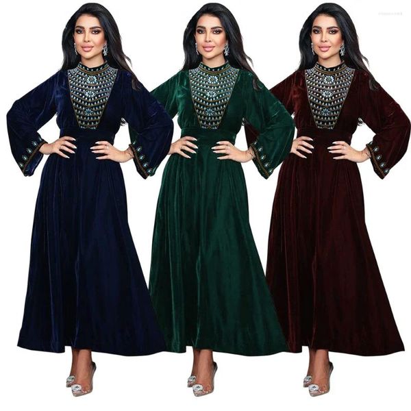 Etnik Giyim Kadın Eid Müslüman Abaya İslam Elmaslar Kaftan Arap Muhteşem Parti Elbiseleri Ramazan Jalabiya Uzun Çöp Katı Mütevazı Gevşek