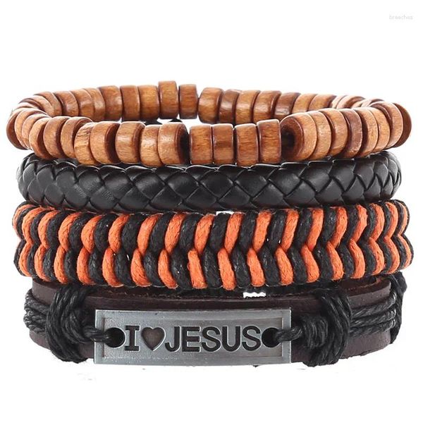 Charm Bracelets 4pcs/set dankaishi hippie punk dunkelbraunes schwarzes Leder Ich liebe Jesus Tag Yellowcord Knoten Holzperlen Schichten Mann Armband