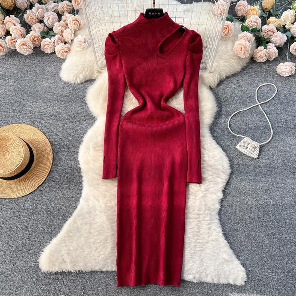 Vestidos casuais mulheres chiques elegante hollow out manga longa vestido corporcon moda moda malha vestidos elástico slim hip wrap suéter