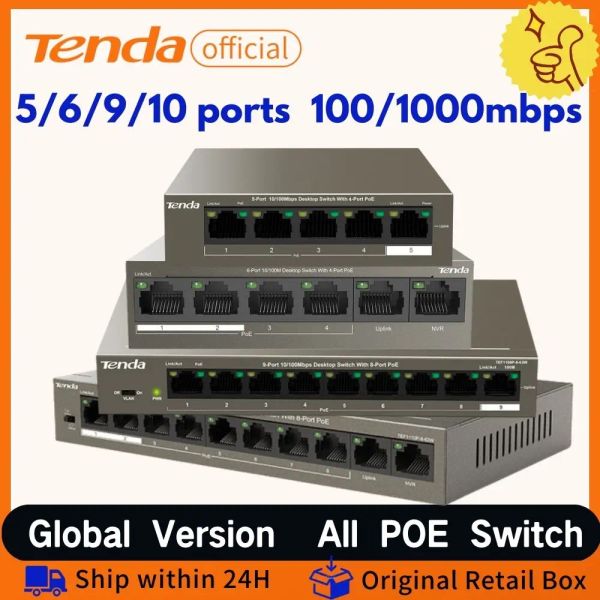 Switches POE Switch Ethernet Switch Tenda 5/6/9/10 Port 10/100mbit/s Netzwerk POE Fast Switch 63W Netzteil für IP -Kamera Wireless AP