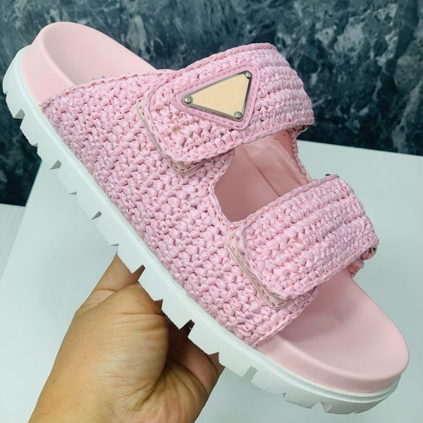 Flat Platform Slide Pantoffeln Pink geflochtene Komfort Sandalen mit Signature Dreieck Open Toes Schuhe Luxusdesigner für Frauen Urlaubs Sandalen Factory Schuhe