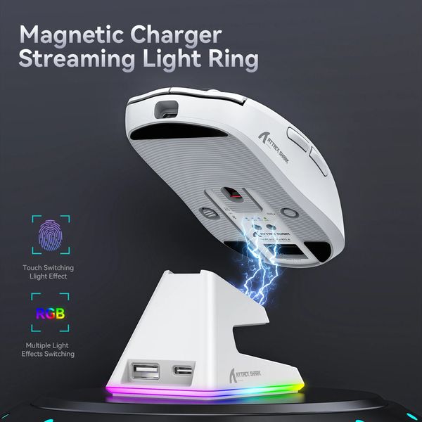 Angriff Haifisch X6 Bluetooth Maus Pixart Paw3395 Trimode Verbindung RGB Touch Magnetic Lading Base Makrospiel 240419