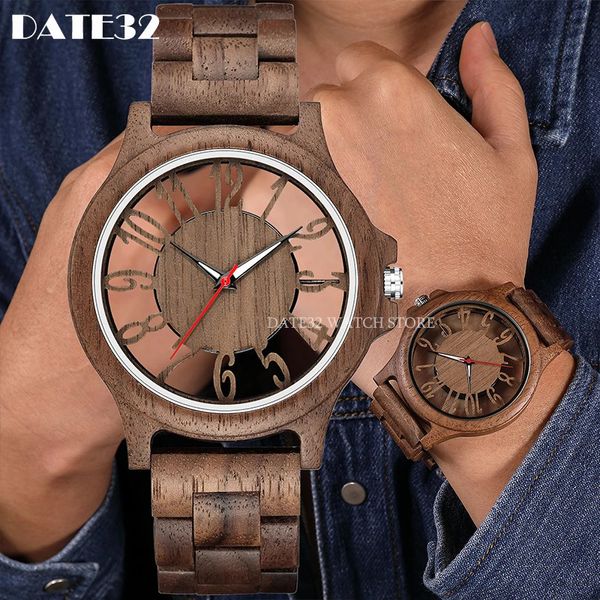 Wood Bamboo Wood Watch For Men Wooden Case Hollow Band Watches Man Quartz Wristwatch Real Wooden Men Relógio Male Reloj 240425