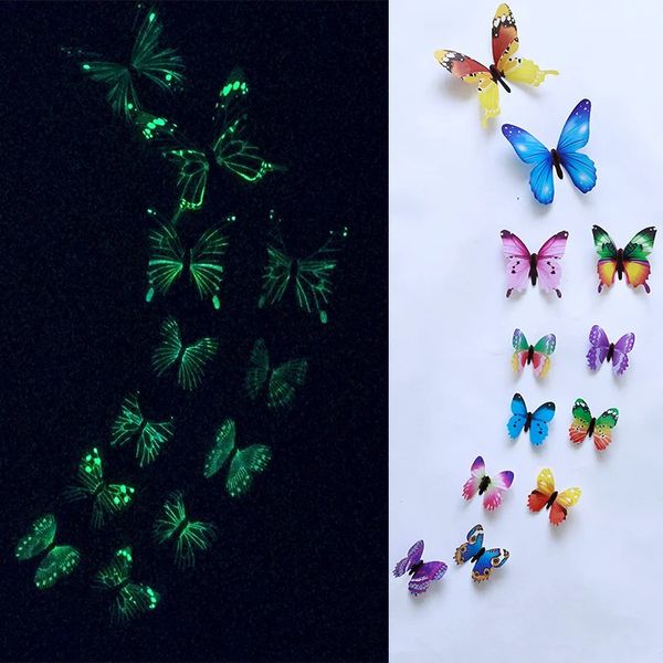 12pcSset luminoso adesivos de parede de borboleta luminosa Borboletas para a decoração de festa de casamento Decalques de geladeira 3D Decalques de parede 240418