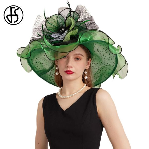 FS Green Organza St Patricks Cap Lady Wide Brim Capone per donne Mesh Mesh Feather Flower Wedding Bride Fedora 240412