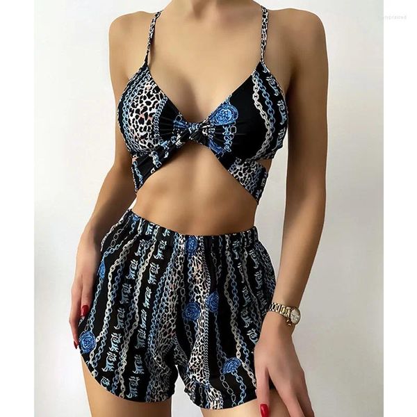 Damenbadebekleidung Paathde 2024 Sommer Retro gedruckt Voile Loose Shorts Backlim Slim Fit Bikini Drei-teiliges Set Bikini