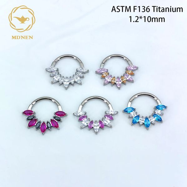 Mdnen ASTM F136 Brincos de anel do nariz Marquise colorida cz de arco de arco de arco colorido jóias de piercing de argola 240423