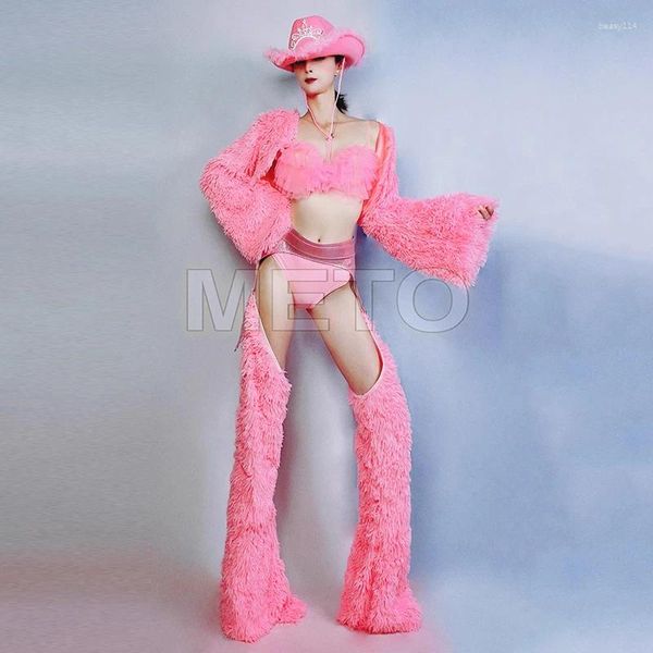 Stage Wear Sexy Pink Dance Abbigliamento da danza Cappello Bikini Pantaloni Hollow Out Dancer Costume Vestiti Jazz Cesti