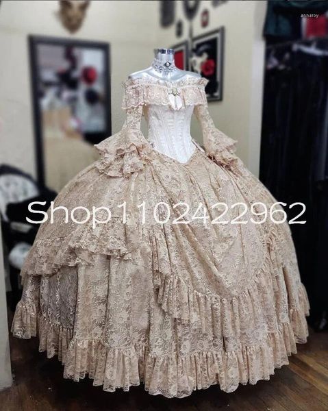 Vestidos de festa Campo de champanhe renda vitoriana vestido de baile vitoriano baile de baile com fada manga longa fora do ombro Gótico México Corset Dress