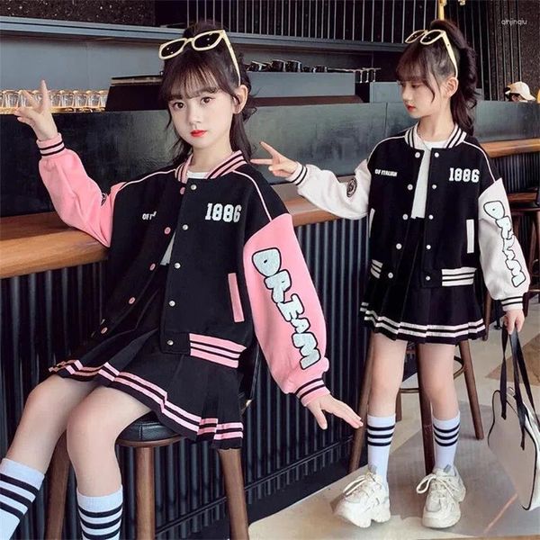 Kleidung Sets Teen Girls Baseballjacken 2-teiliges Set 2-14y Kinder Kleidung 2024 Frühling Herbst Black Cropped Coats Top Rock Outfits Tracksuit