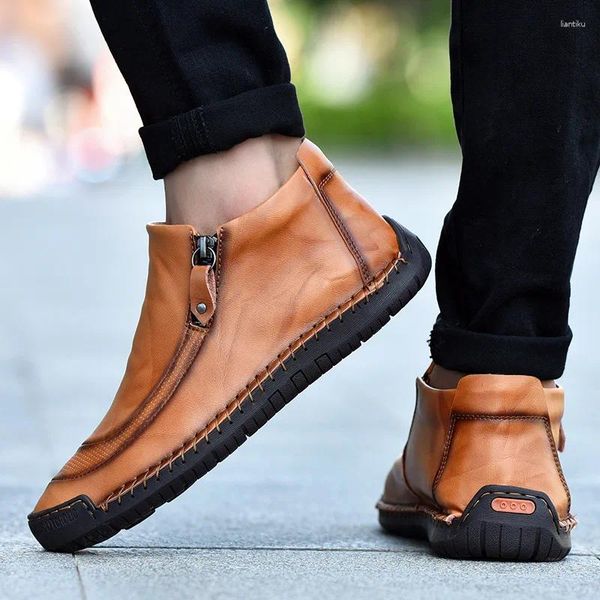 Lässige Schuhe hochgradige Kuhläden Leder Männer Mode tief in Doppel Reißverschluss atmungsaktiv