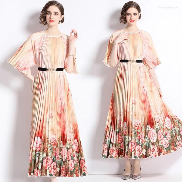 Vestidos de festa Jamerary Fashion Runway Print Floral Pleated Holiday Summer Summer Women Beleza Butterfly Uma linha Logo Maxi vestidos