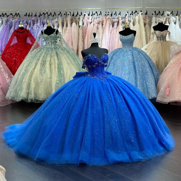 Синее блестящее платье с мячом Quinceanera платье 2024 кружевные бусинки складывает плечо, выпускной, принцесса, Сладкая 15 16 лет, vestidos de xv anos