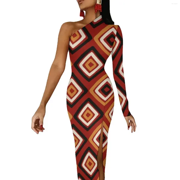 Lässige Kleider afrikanische Stile Bodycon Kleid Herbst Retro Geometrie sexy High Slit Long One Schulter Custom Party