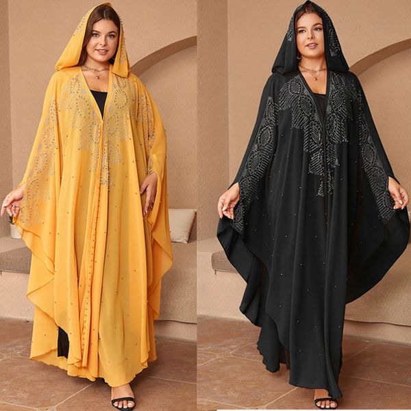 Vestido abaya com capuz de kaftan muçulmano para mulheres dubai strass turco chiffon djellaba elegante e solto boubou miçangas África 240415