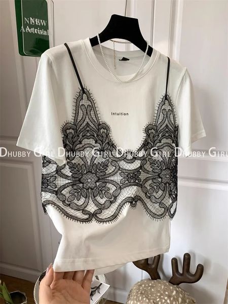 Sommer T-Shirts Frauen gefälschte zweiteilige Brustspitzenstichstching T-Shirt Fashion Tops Ladies Chic T-Shirt Frau Kurzarm Casual Tee 240416