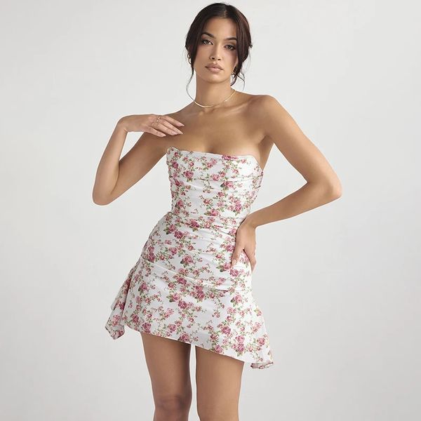 Frauen elegantes kurzes Kleid gebast floral schlank großer rückenfreier europäischer und amerikanischer Freizeit -Urlaubsstil Gewürzkleider 240426