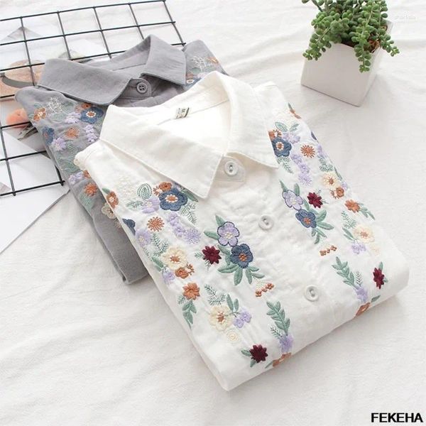 Frauenblusen Frauen florale Stickhemden Baumwollgarn Langarm weiße Dame Tops weiche graue weibliche Kleidung Frühling s