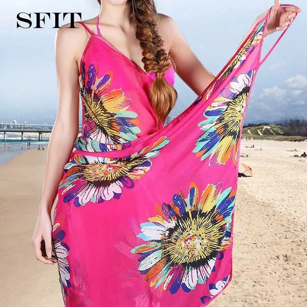 Concobrições impressas de praia sexy dres halter sling chiffon tonto de biquíni wrap pareo saias abertas de banho de banho 240416