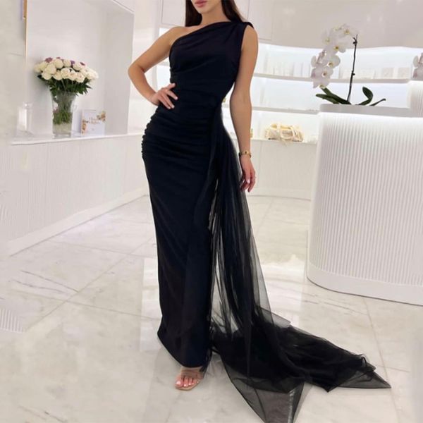 Одно плечо Русалочное вечернее платье Длиное черное креп -формальное платье на вечеринке для женщин