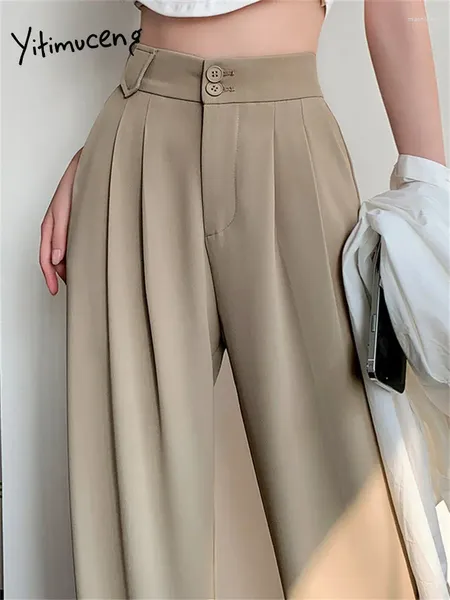 Frauenhose Yitimuceng Solid Anzüge Frauen hoher Taille 2 Button Korean Fashion Wide Leg Office Ladies Casual Straight